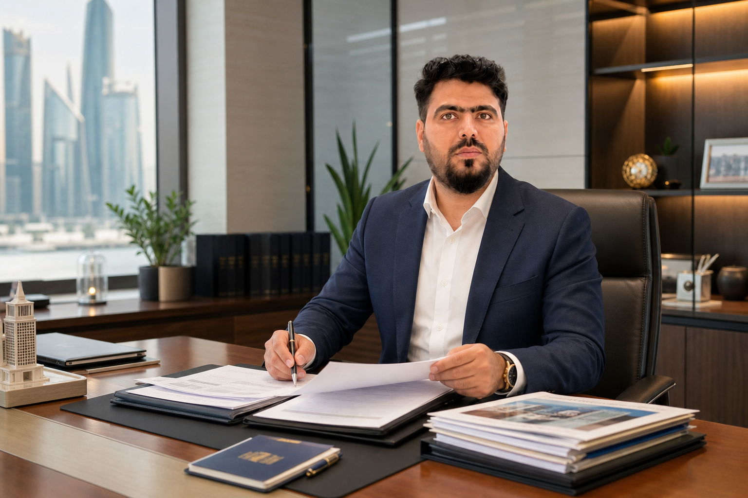 Matloob Hussain reviewing client files in the Abu Dhabi office